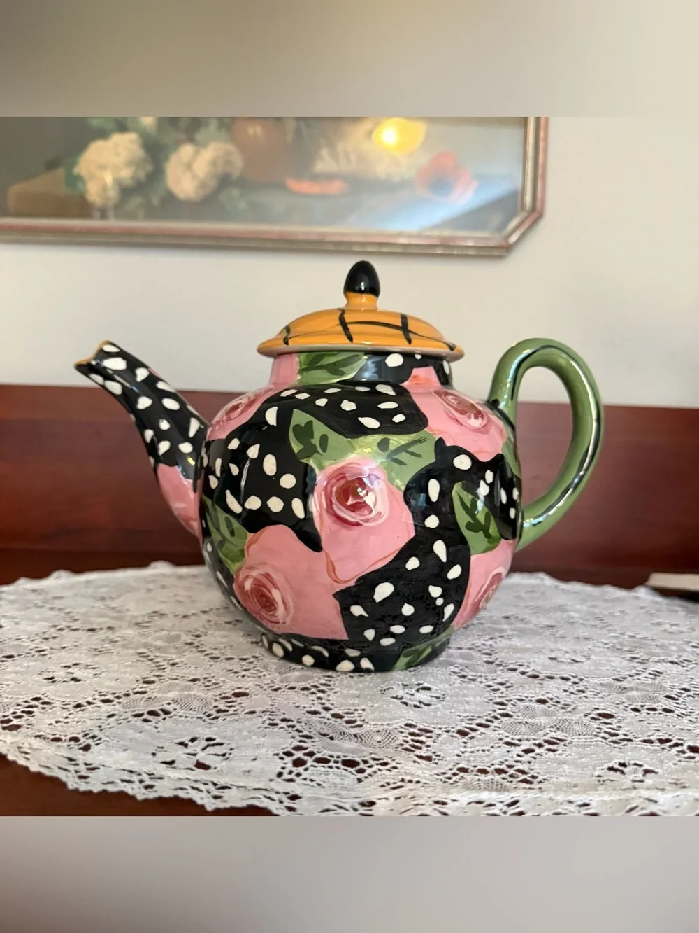 Vintage Droll Designs Hand-Painted Teapot and Lidded Sugar Bowl Set